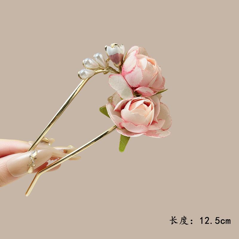 Elegant Flower Hairpin For Women Sweety Peony U Shaped Hair Stick Girls Fashionable Hair Accessories Gauze Floral Hair Pin NEW