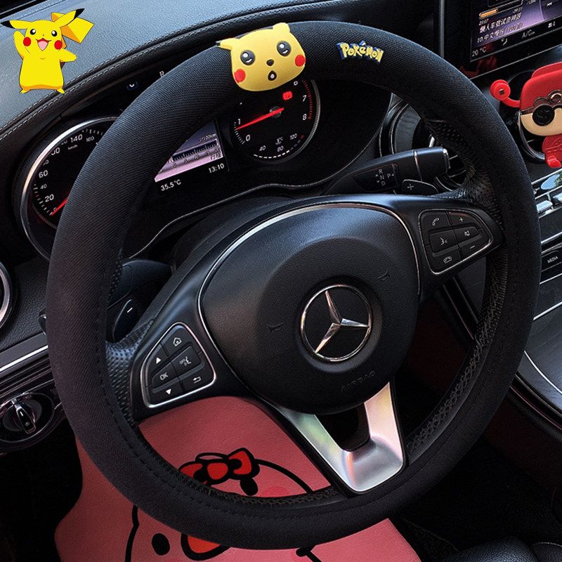 

New Ice Silk Summer Universal Car Steering Wheel Cover Cartoon Cute Non-Slip Warm Sweat-Absorbent Handle Cover for Men and Women Summer Pikachu (Large Doll)(Ice Silk (Four Seasons))