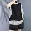 Cotton and Linen Plus Size Women's Fake Two-piece Striped Shirt Summer Fashion Stitching Vertical Striped Bat Sleeve Top