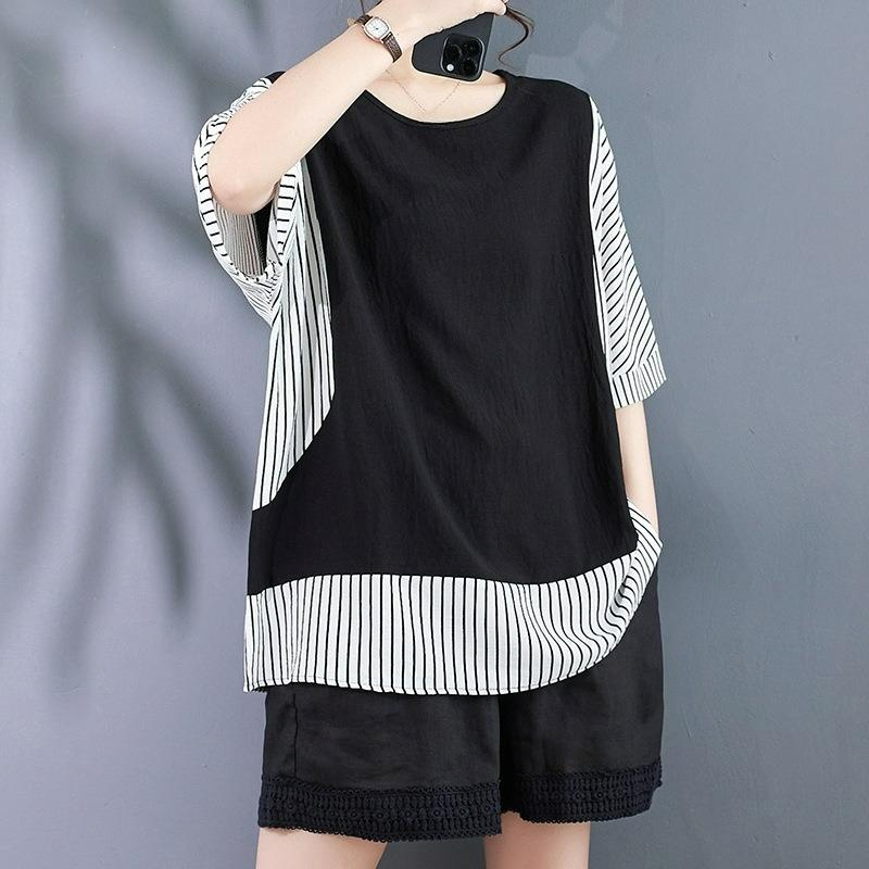Cotton and Linen Plus Size Women's Fake Two-piece Striped Shirt Summer Fashion Stitching Vertical Striped Bat Sleeve Top