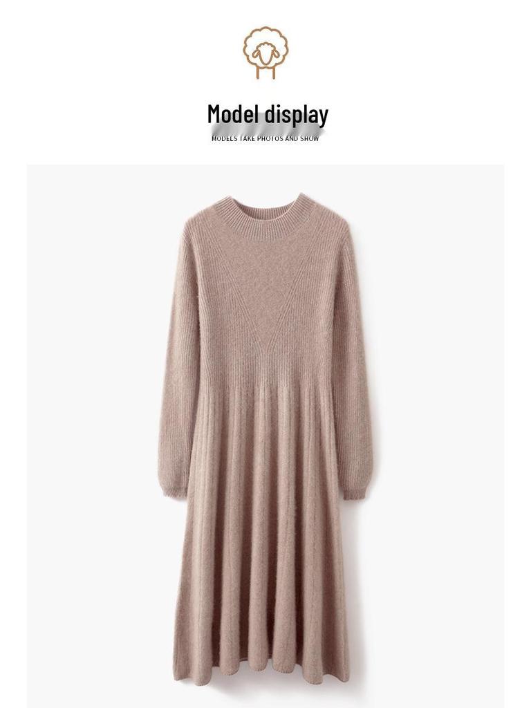 Women's Wool Round Neck Long Sweater Dress - Autumn/Winter Slim Knit Versatile Outerwear