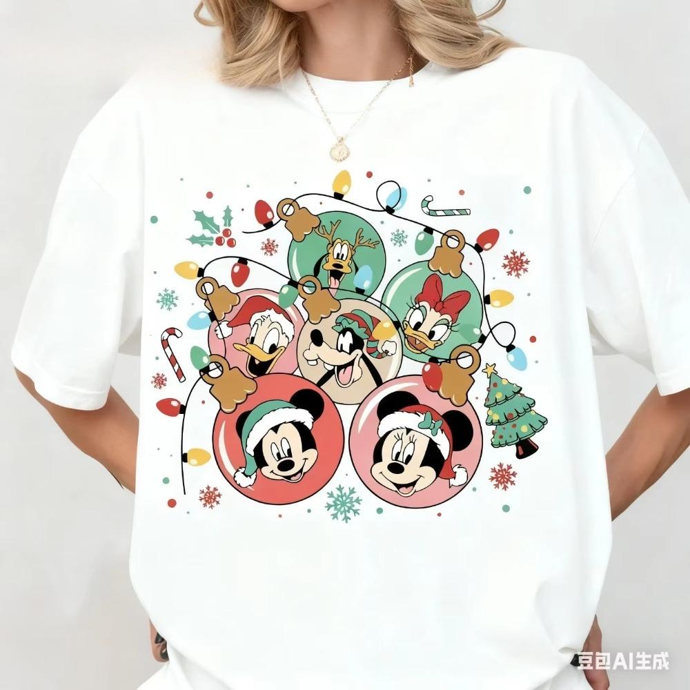 Disney 2025 Christmas Mickey Mouse Summer TShirt Casual Unisex LooseFit ShortSleeve Top Y2K Women Clothes Comfortable Cotton