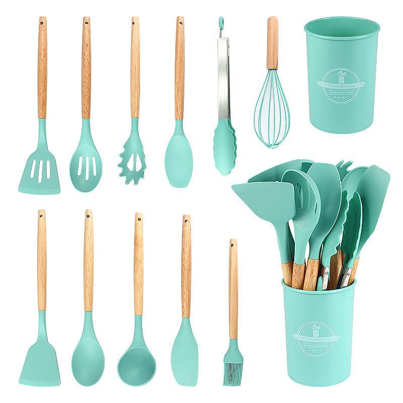 12 Pcs Wooden Handle Kitchen Utensil Set With Heat Resistant Silicone Non-Scratch And Bpa Free