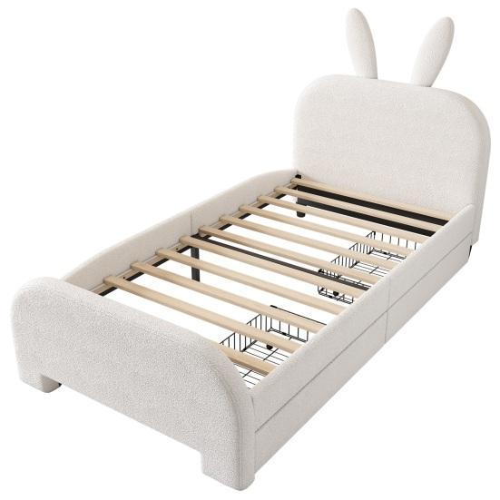 90x200cm Rabbit Shape Velvet Fabric Children Bed with Headboard 2 Drawers Ergonomic Design Strong Wood Slat Support Bed Home Furniture