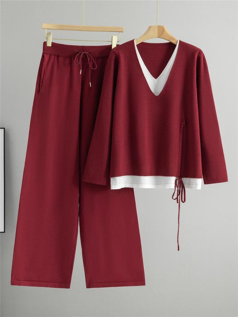 Women's Trendy Two-Piece Set: Drawstring Fake Two-Piece Sweater & Wide-Leg Pants - Long-Sleeved Knitwear for Spring & Autumn