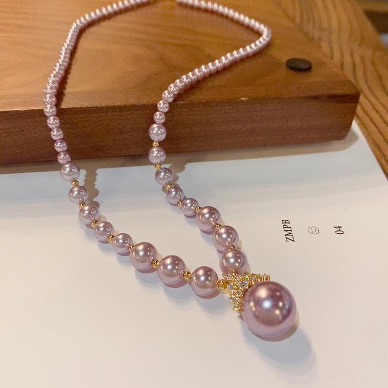 French Zircon Crown Glass Bead Necklace Fashionable Niche Design High-end Light Luxury Temperament Retro Sweater Chain