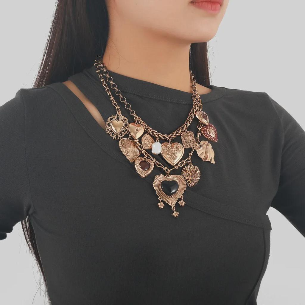 2024 Multi-Layer Metal Retro Love Pendant Necklace - Bohemian Style for Women