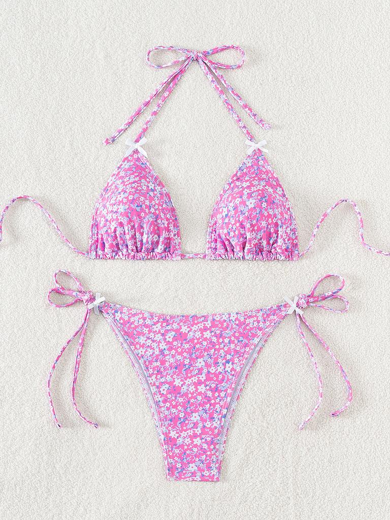 Damski strój kąpielowy z kwiecistą kokardką seksowna trójkątna torba wiązanie po bokach bikini z niską talią kostiumy kąpielowe kostiumy kąpielowe
