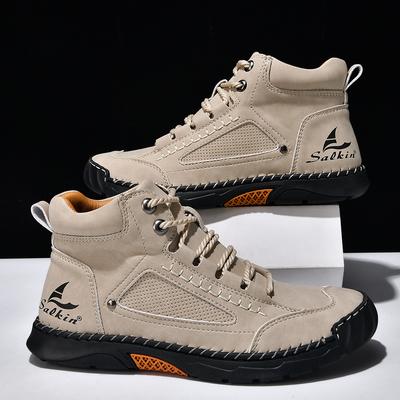 New Handmade Casual Leather Shoes Men Ankle Boots Outdoor Shoes Sneakers Spring Retro Breathable Lace Up Non-Slip Walking Shoes