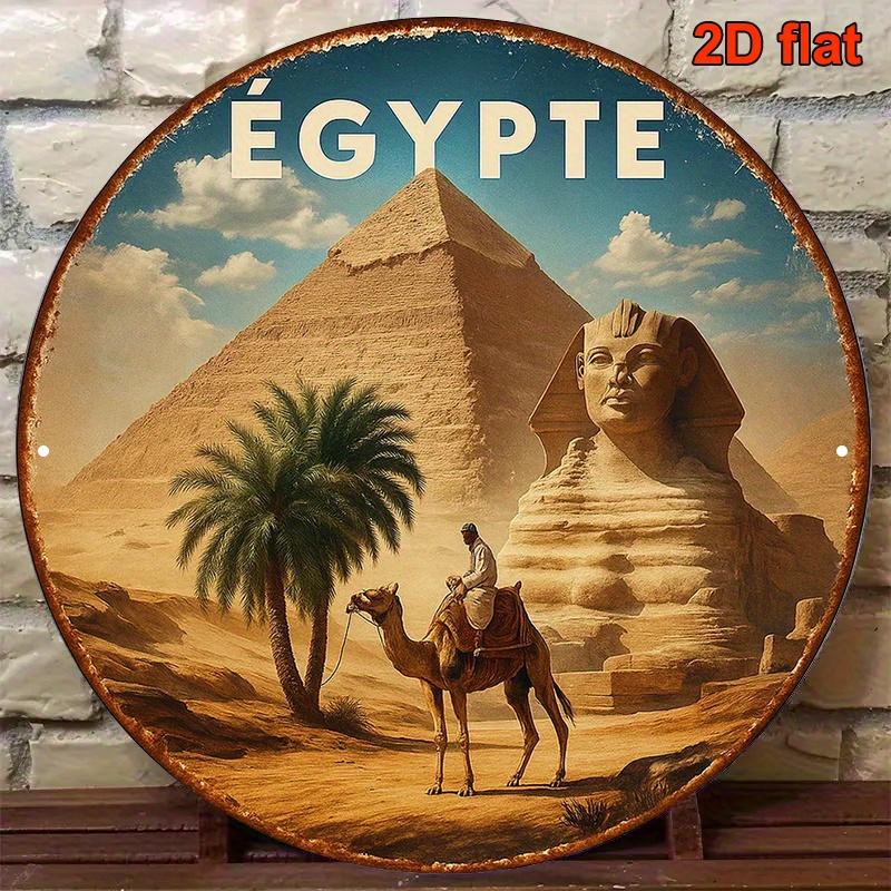 

D Flat gypte Pyramid Sphinx Round Metal Tin Sign Vintage Egyptian Desert Camel Wall Decor Rustic Ancient Egyptian Travel 20x20cm(8x8inch)