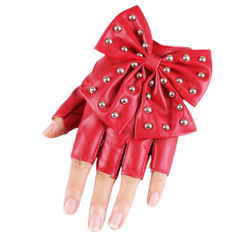 New Women's Bow Rivet Gloves Performance Half Finger Gloves Nightclub Dance Stage Dancing Gloves
