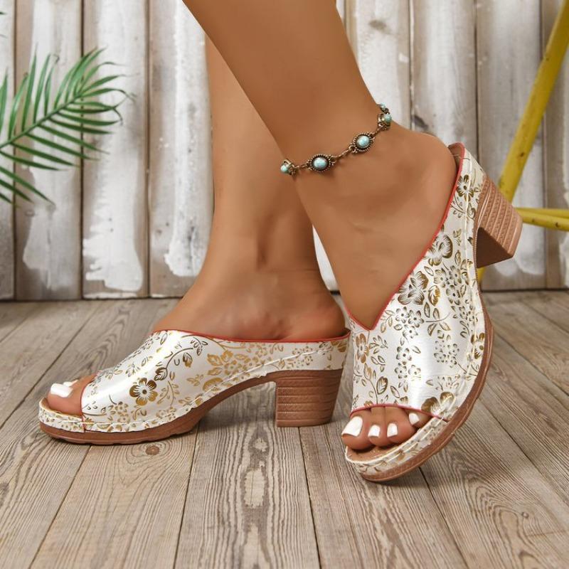 Women's Chunky Heel Peep Toe Sandals, Printed Platform Summer Slides, Plus Size Fashion Open Toe Shoes
