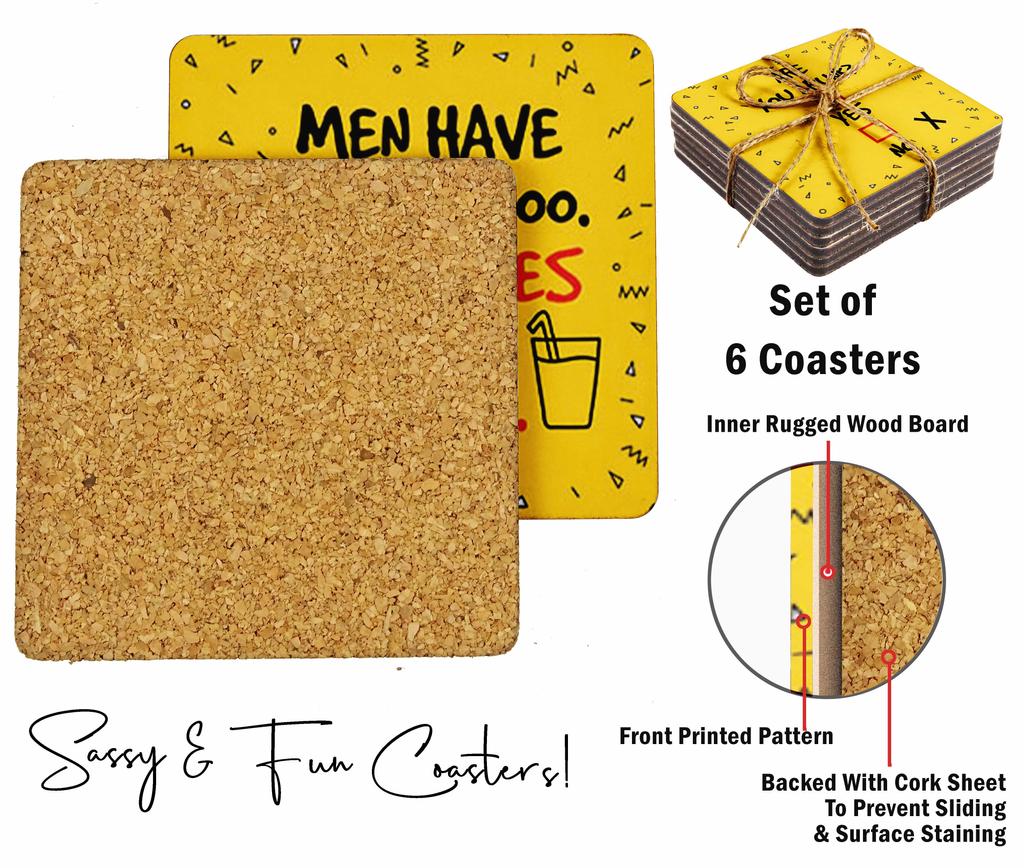 Inkdotpot Set of 6 Drink Coasters Easy Clean 4 Inch Square  Coasters  Cork Base-  Reusable- Funny Bachelor