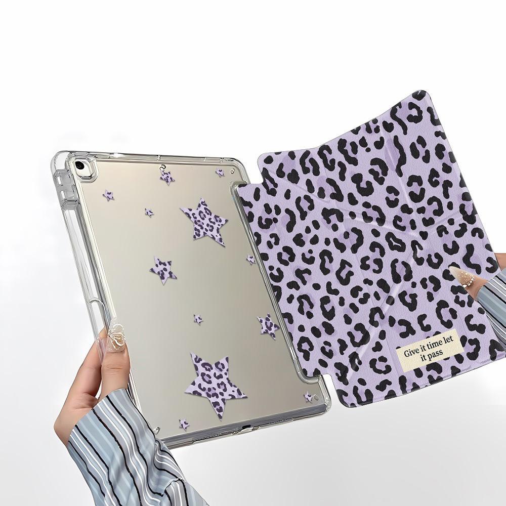 Purple Leopard Print Star Y Folding Sticker Tablet Protective Case for iPad 11 Inch Transparent iPad Pro with Pen Slot