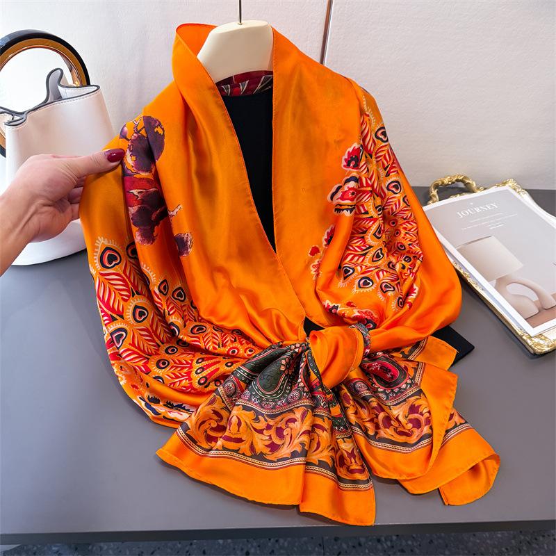 Spring And Summer Thin Peacock Simulation Silk Brocade Fashion Silk Scarf Long Scarf Silky Print Shawl Versatile Headscarf Scarf