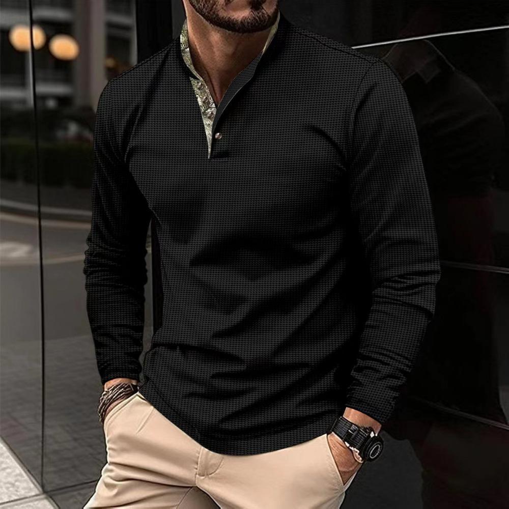 Men's Casual Stand Up Collar Spliced Long Sleeved Polo Shirt
