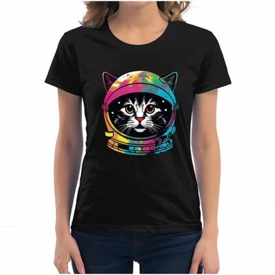 Geburtstagsgeschenk Schwarzes T-Shirt mit Galaktischer Katze Print Grafik Bedruckte Kurzarmshirts Y2k Streetwear Grafik T-Shirts