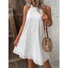 Women Solid Color Lace Button Halter Sleeveless Knee Length Summer Casual Dress