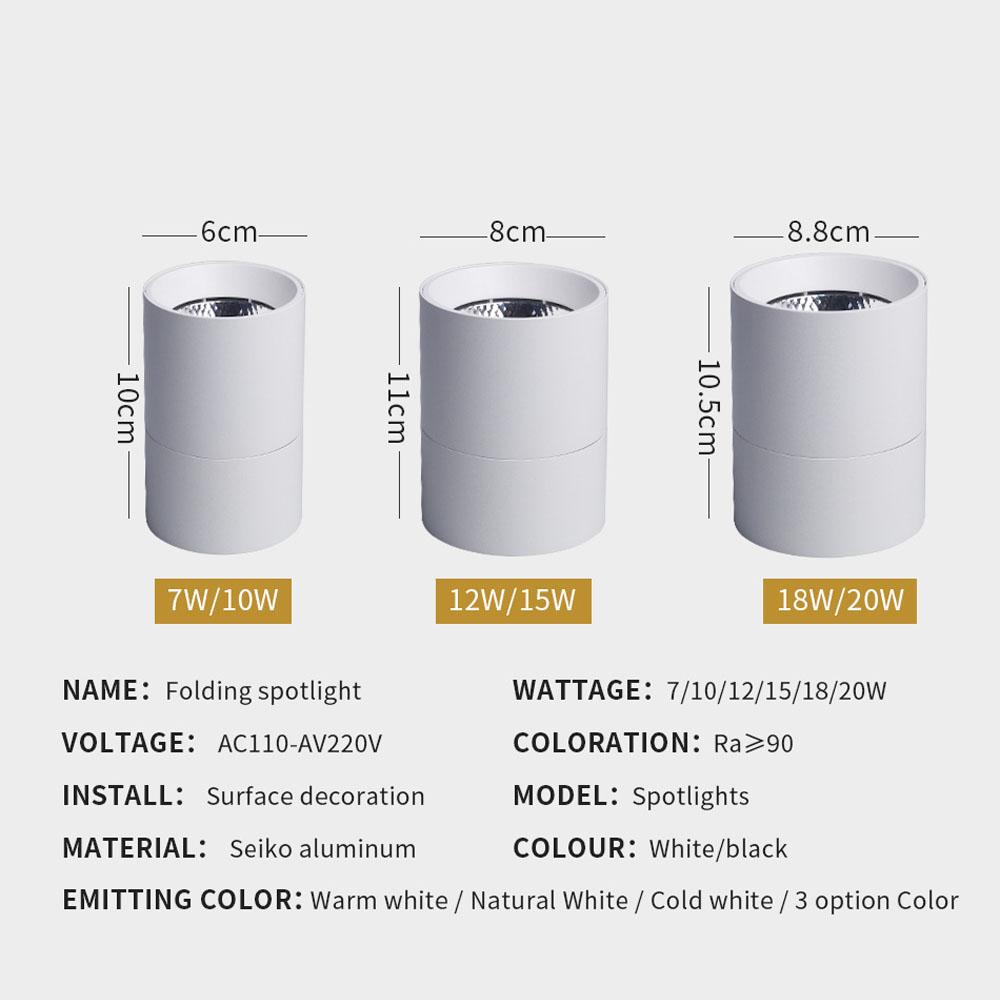 Dimmable LED Downlight Foldable Ceiling Spotlight 10W 15W 20W Surface Mounted Aluminum Spots Lamp For Room Home Kitchen Bathroom