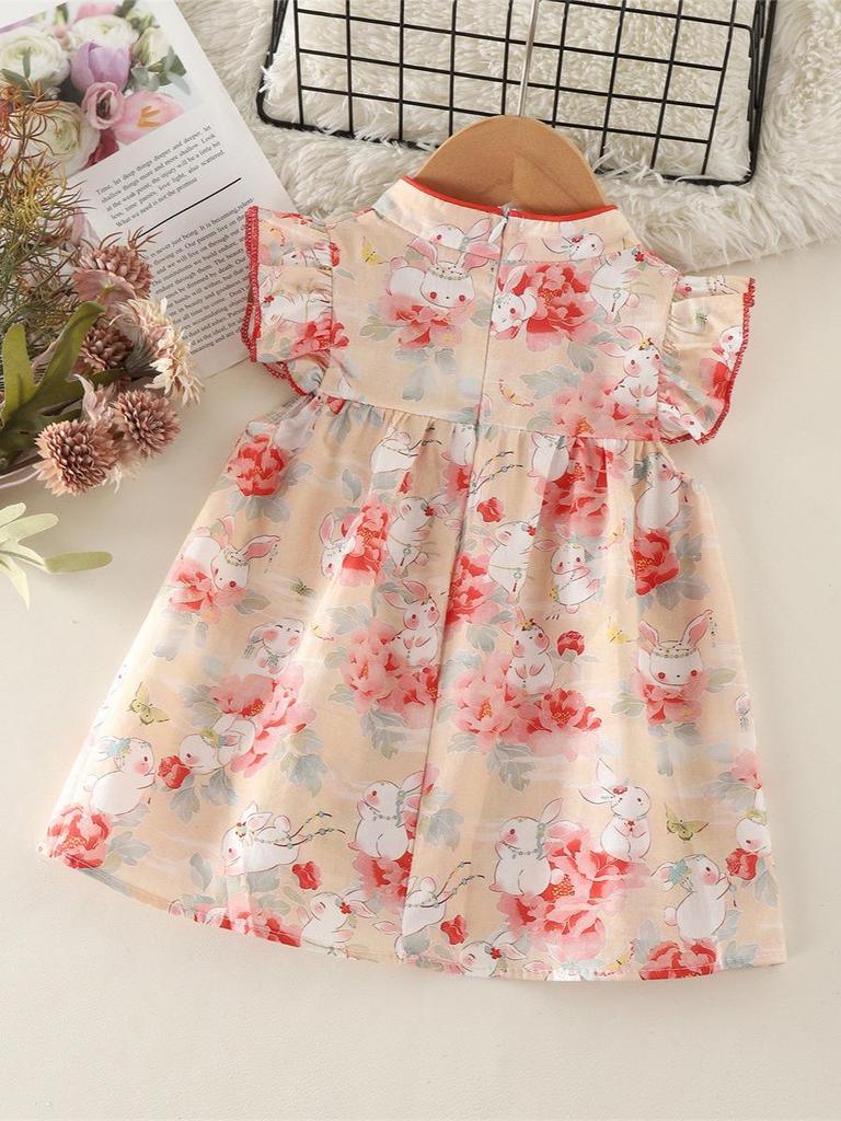 Baby Girl Summer Cheongsam Dress - Cartoon Rabbit & Floral Print