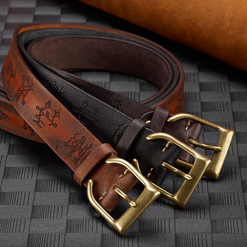 Genuine Leather Thickened Retro Cowhide Men's Belt - Handmade, Embossed, Casual, Versatile Jeans Waistband