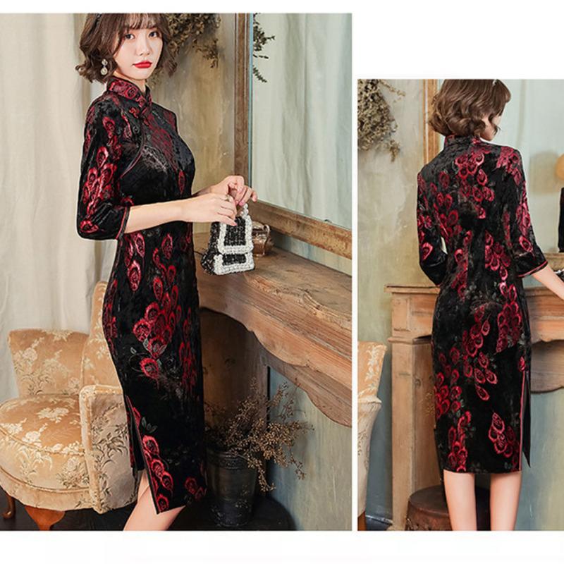 Damen Retro Druck Cheongsam Kleid Mode Samt Chinesischer Stil Stehkragen Halbe Ärmel