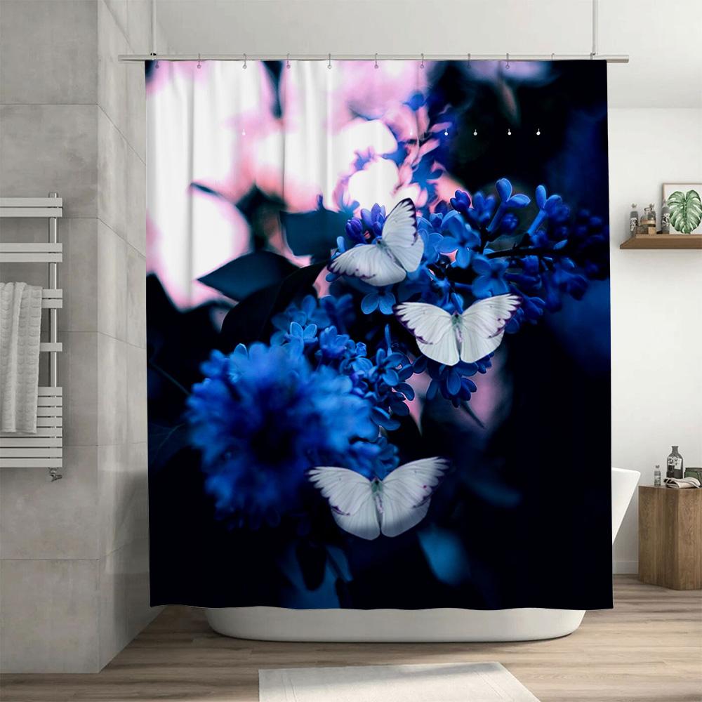 3D Floral Butterfly Waterproof Bath Shower Curtain Decorative Hanging Fabric Water Repellent Home Bathroom Rug