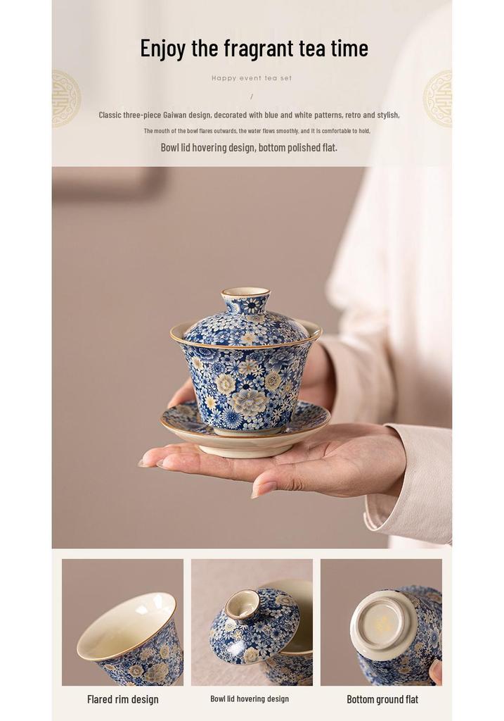 Ru Kiln Ceramic Gaiwan: Elegant Three Talents Tea Cup Set with Lid for Gongfu Brewing.