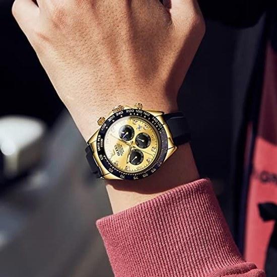 OLEVS stylish mens wristwatch business date popular fashion waterproof Japan quartz gold silica gel belt stopwatch analog chronograph sports gentleman