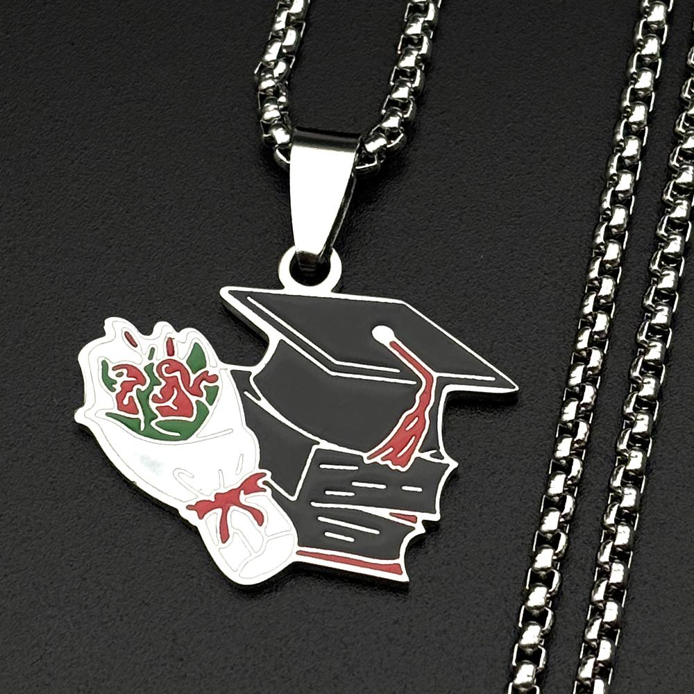 Student Mortarboard Graduation Ceremony Necklace For Women Men Stainless Steel Bachelor Cap Chain Back To School Jewelry Gifts