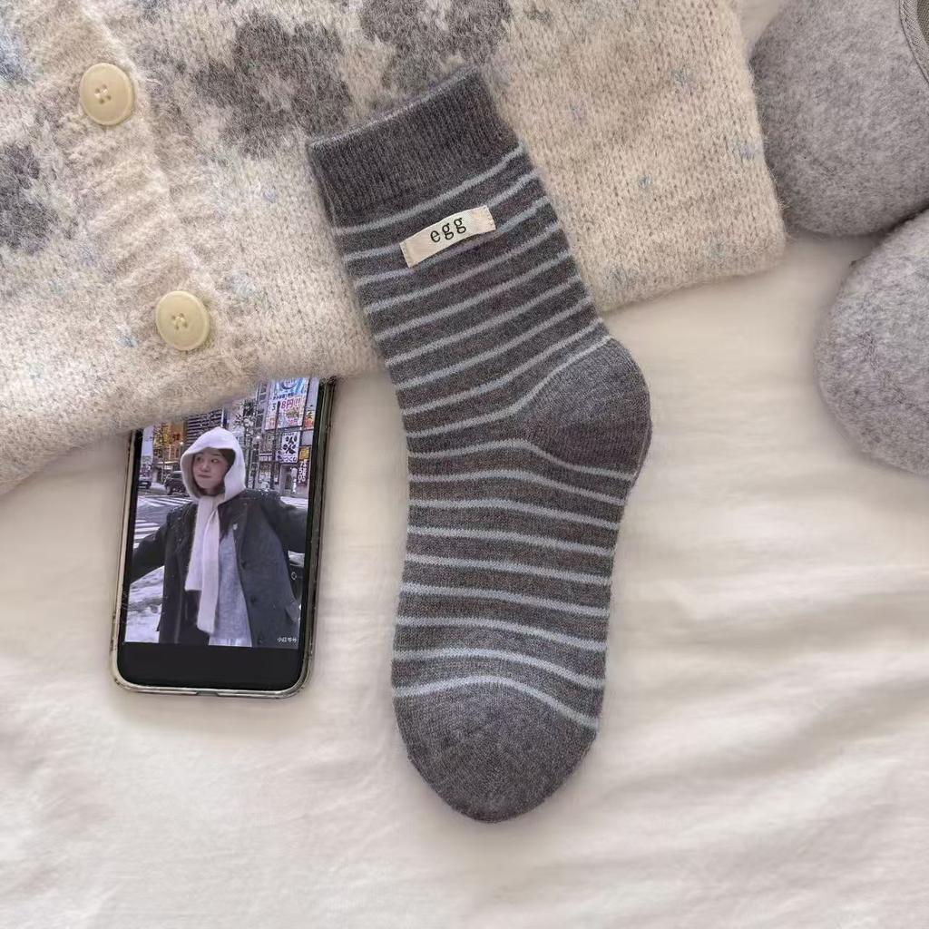 Xiaohongshu Is The Same Hot Sale! Winter Wool Socks Combination Gray Buttons Thickened Warm Pile Socks Mid-Tube Socks Socks
