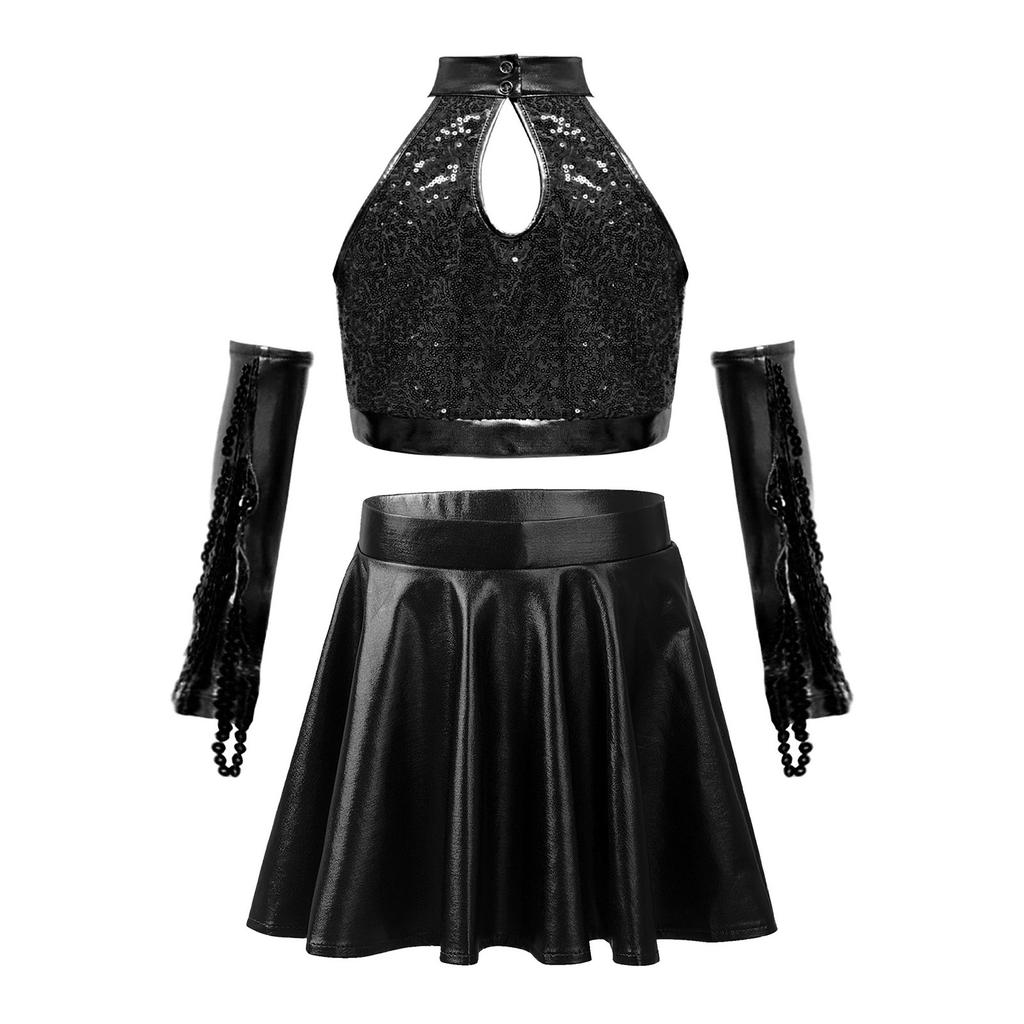 Set Costume da Danza Jazz per Bambini Scintillante Paillettes Crop Top Schiena con Foro Senza Maniche Taglie Forti Gonna a Zampa Metallizzata e Guanti con Frange di Paillettes Gara