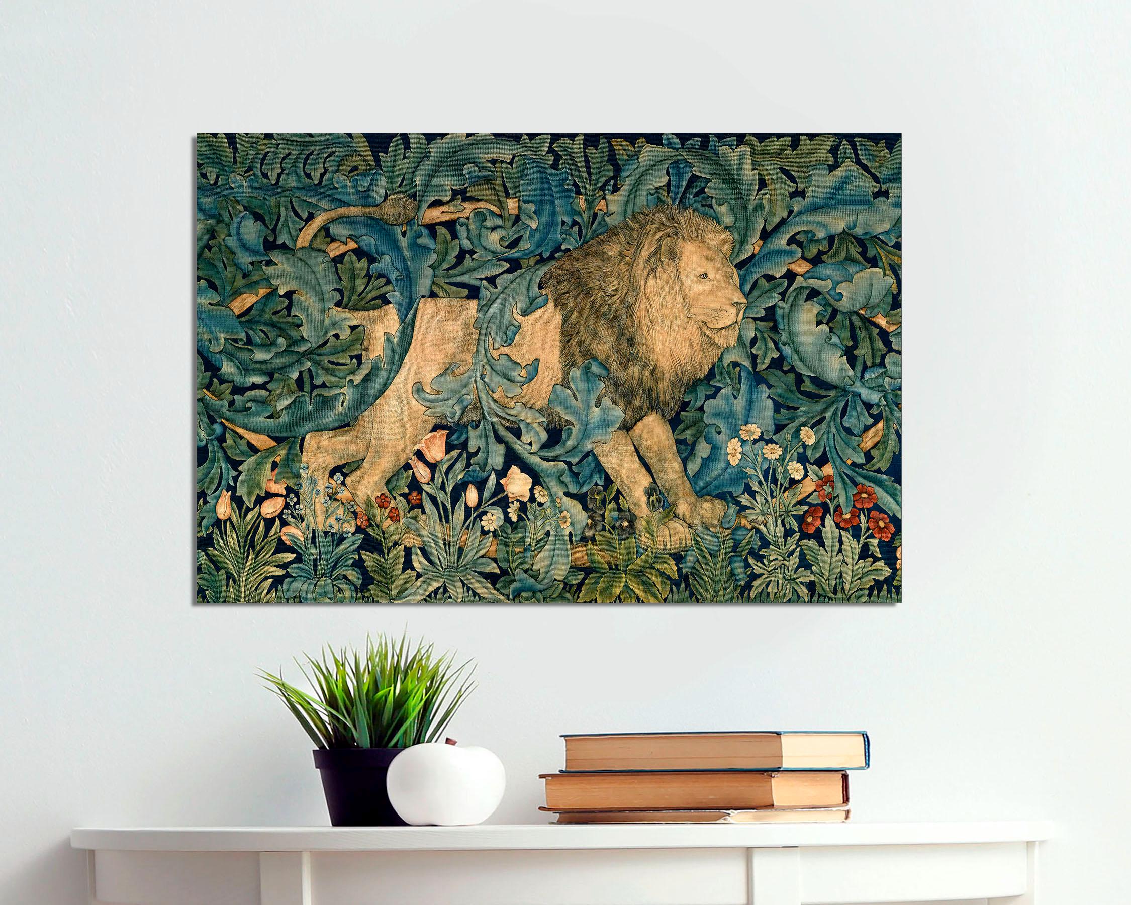 Retro Forest Lion Tapestry William Morris Style Background Cloth Living Room Retro Style Room Decoration 100X70CM