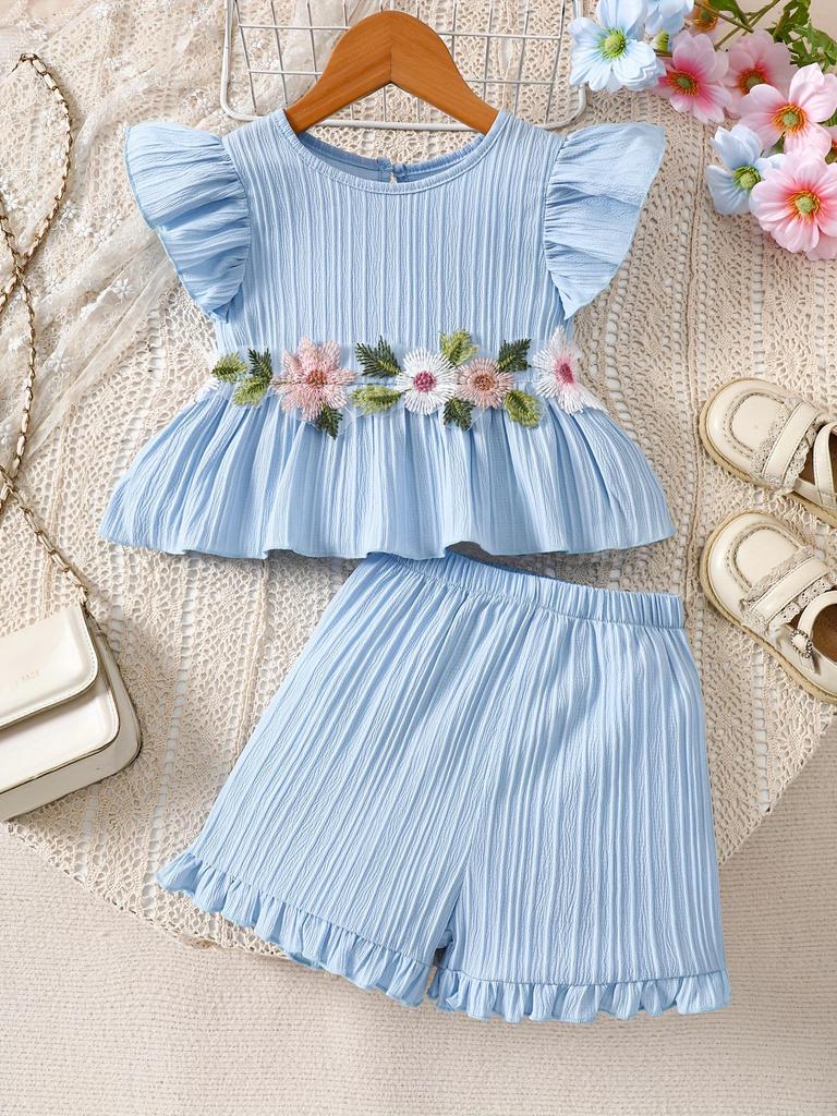 European-American Style Summer Girl's Floral Embroidery Sleeveless Top & Shorts Set
