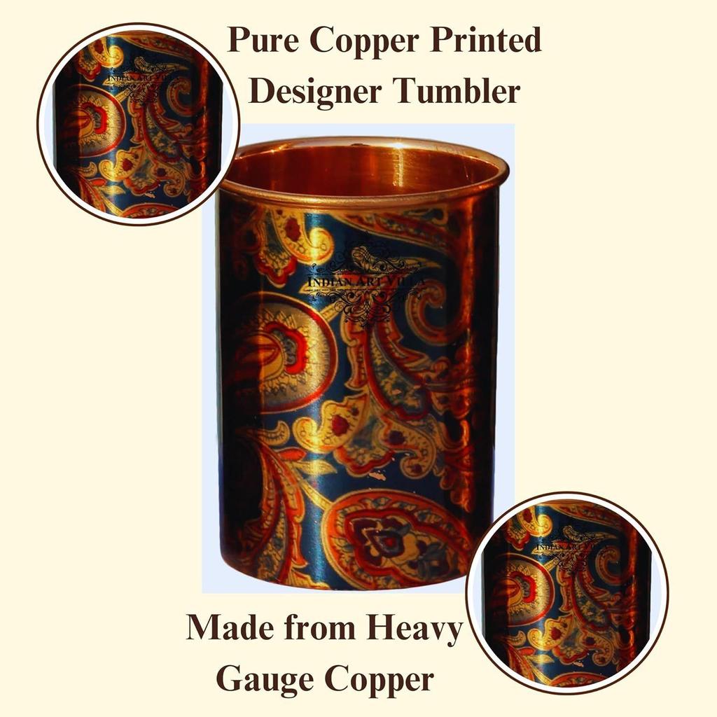 Printed Copper Glass Tumbler, 275 ML, Set of 4, Blue Drinkware & Serveware for Home, Ayurveda Benefits, Stylish Design for Healthy Living