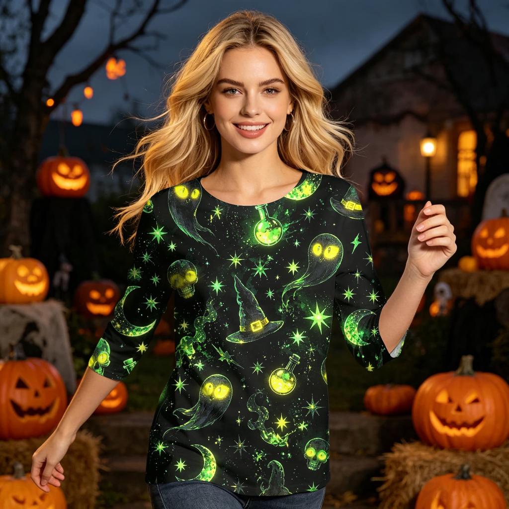 Women Casual 3/4 Sleeve Halloween Print Round Neck Top Lightweight Comfortable Fit Stretchy Fabric Stylish Design
