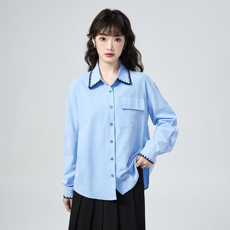 Elegant Blue Polo Collar Slimming Women s Long-Sleeve Shirt - 2026 Early Spring Arrival Extra Large синий