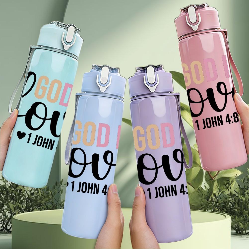 1PC God Is Love Handwritten Letter 750ml Color Plastic Sports Water Bottle Leakproof Flip Straw Lid Suitable for Sports Office Home Use