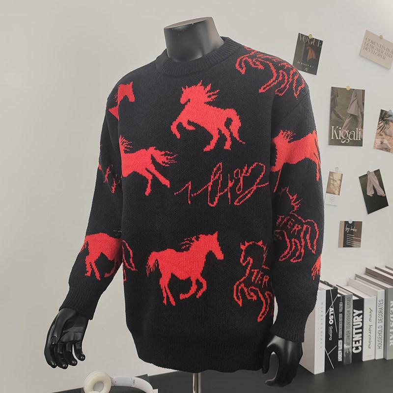 

2026 Year of the Horse Plus Size Men s Color Block Cartoon Knit Sweater - Autumn/Winter Trendy Style 7XL чорний