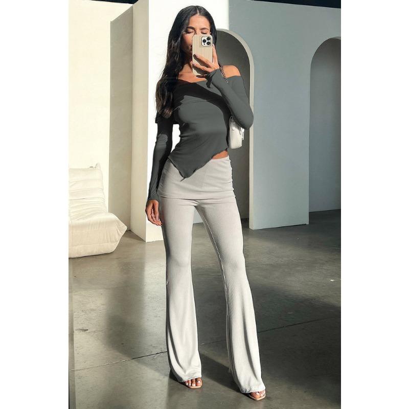 Women's Spring and Autumn Sexy Straight Neck Off-the-shoulder Long-sleeved Top, T-shirt Base Layer