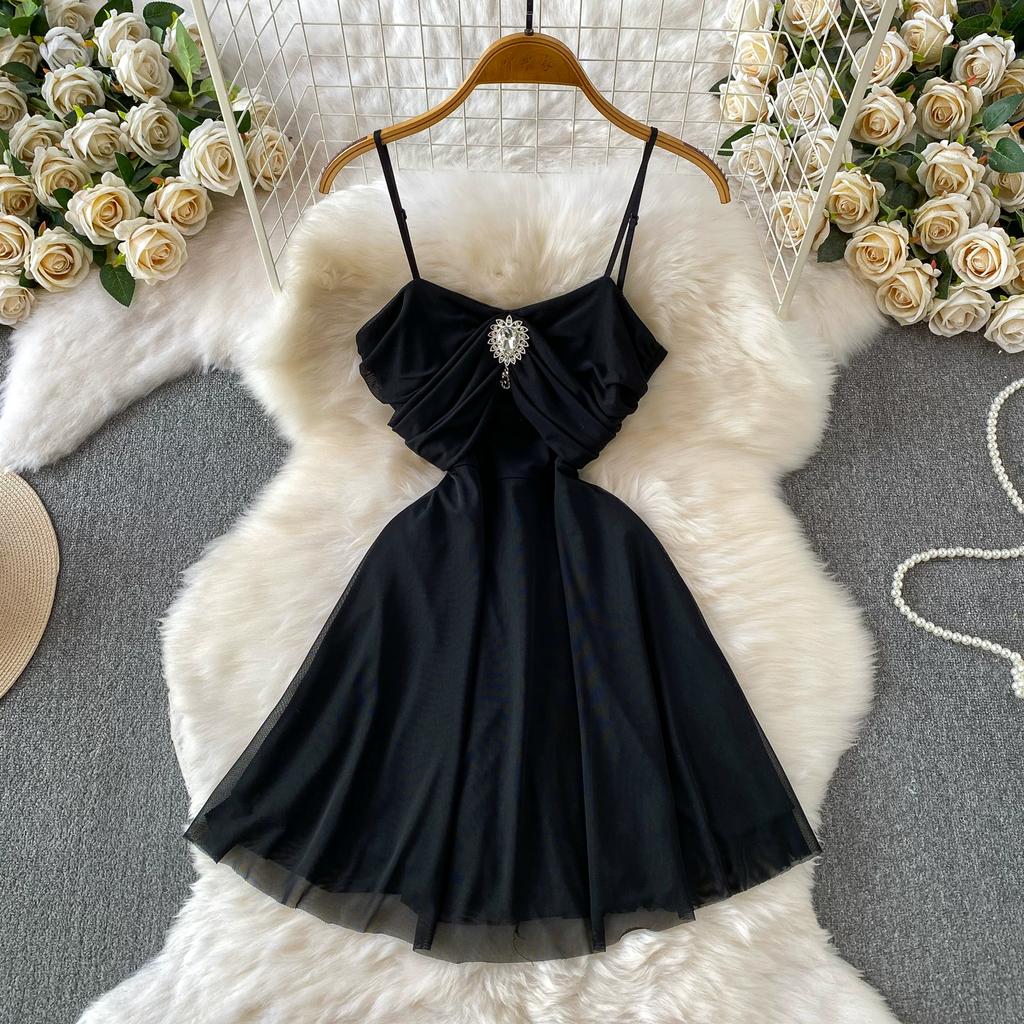 Vestido Mini Bustier Sexy de Malla sin Tirantes para Mujer, sin Mangas, con Pedrería, Espalda Descubierta, Estilizador, Cruzado, Corto