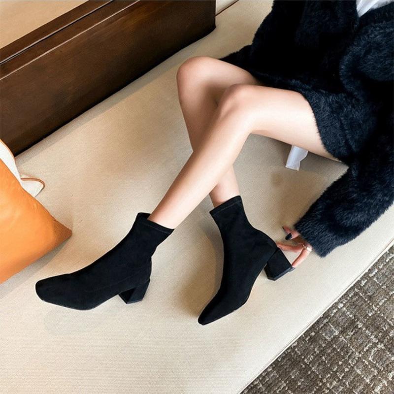 Coarse Heel Short Boots Women's 2025 New Black Suede Medium Boots Medium Heel Versatile Square Socks Boots Elastic Thin Boots