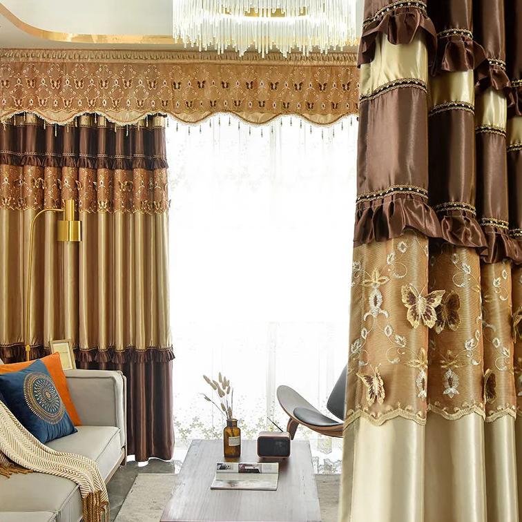 2PCS Embossed Lace Blackout Cortinas Quarto Sala de estar Varanda Bordado Sombra Perfurado Cortinas