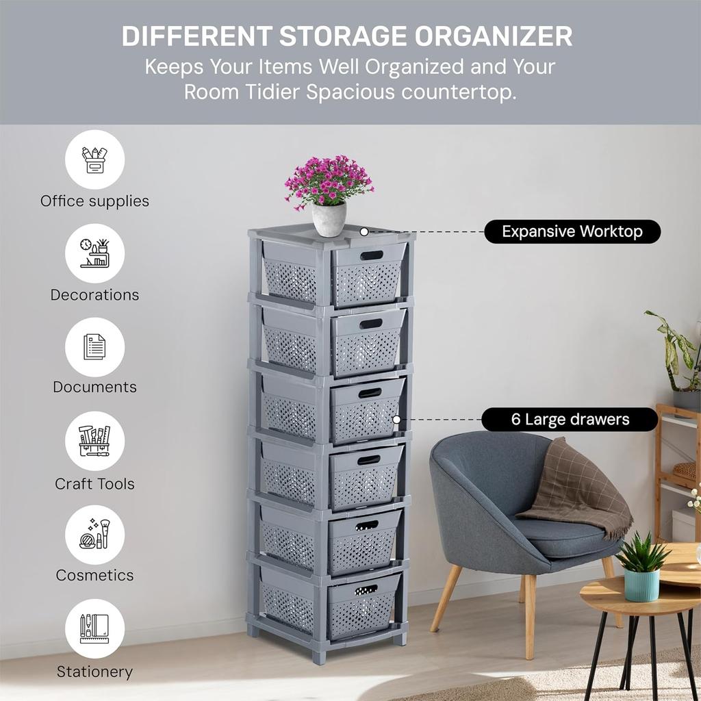 6-Tier Plastic Storage Cabinet Organizer/Modular Plastic Drawer System for Home, Office, Hospital, Parlor, School, Doctors, and Kids' Rooms