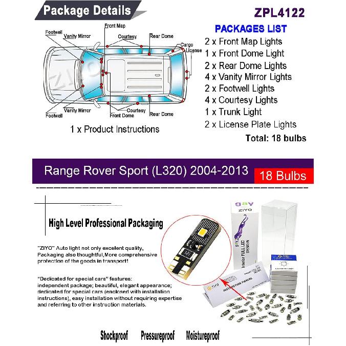 

ZIYO LED Interior Light Kit for Land Rover Range Rover Sport L320 2004-2013 Dome Light Bulbs Replacement Package, 6000K Xenon White LED Lights