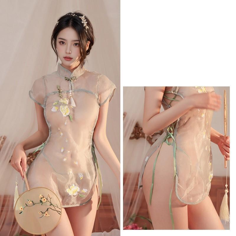 Babydolls Perspective On Classical Standing Neck Qipao Retro Embroidered Split Pajamas Sexy Dresses Daring Hot Woman Lingerie