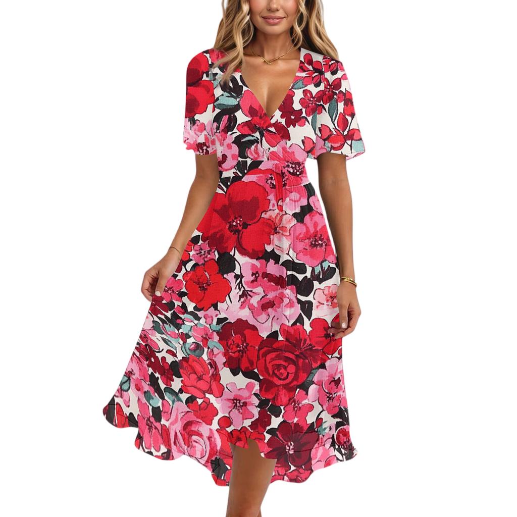 Women's Fashion Casual V Neck Short Sleeve Retro Floral Print Dress Midi Length Lightweight Summer Dress