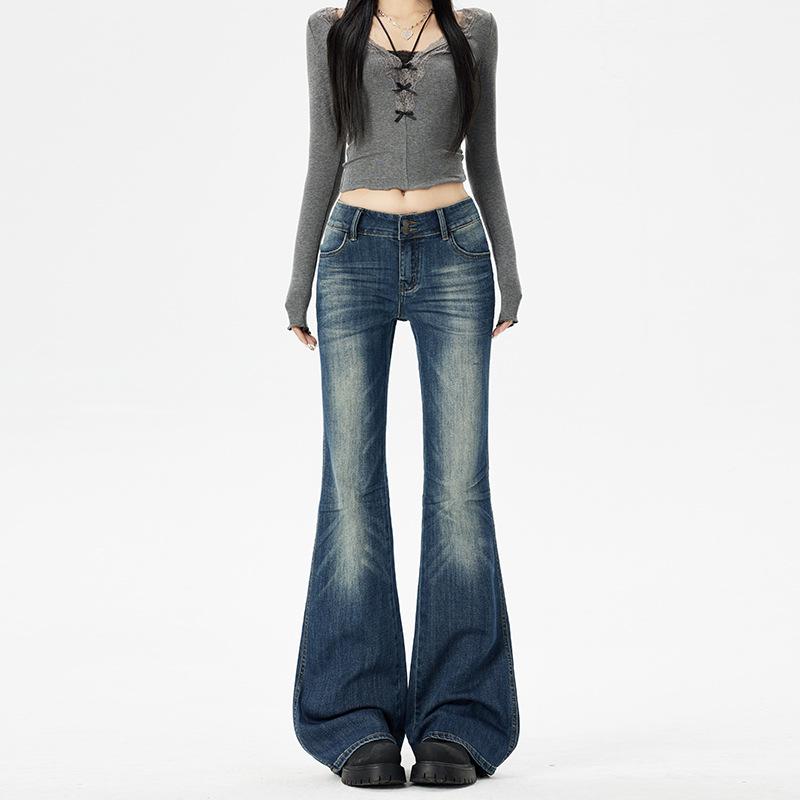 Spring 2026 Retro Street Style Cat Whiskers Mid-Waist Slimming Micro Flare Jeans for Women S