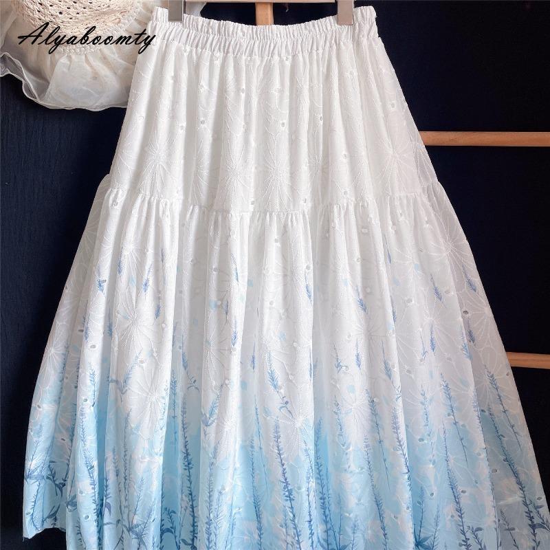 Japansk Mori Girl Vår Sommar Dam Midi-kjol Hög Midja Vit Blå Blommig Broderad Kjold Bomull Söt Elegant Feminin Lång Kjold