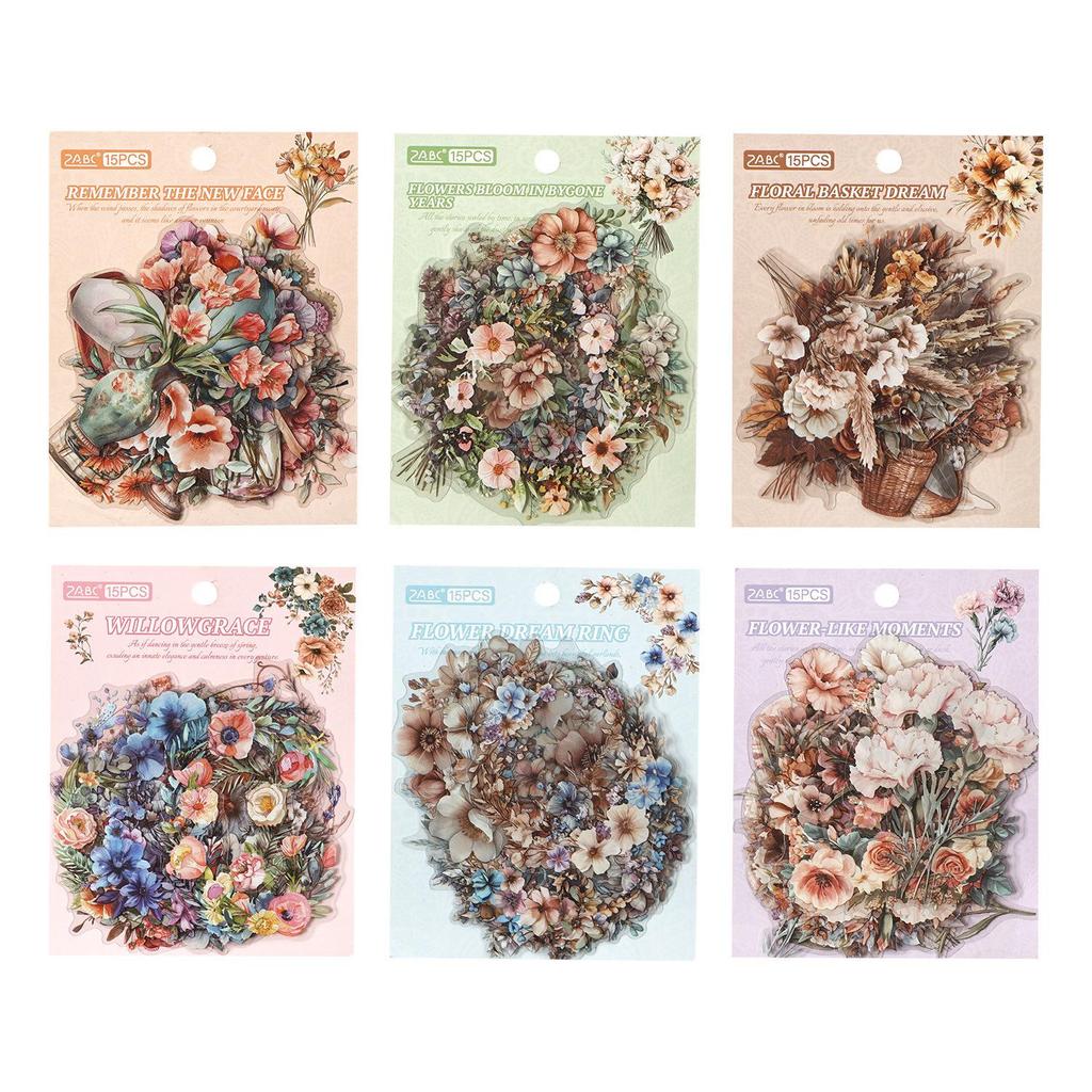 ZABC Retro Floral PET Sticker Pack: 15 Sheets for Romantic Floral-Themed Journaling